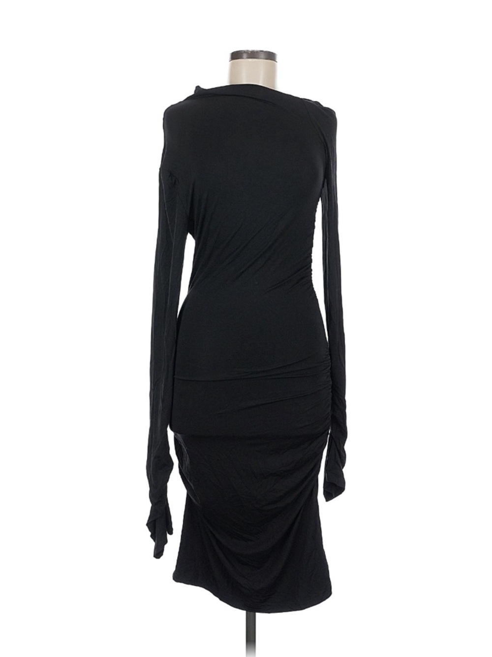 SNDYS Black Ruched Bodycon Midi Dress Long Sleeve Open Back Size Medium